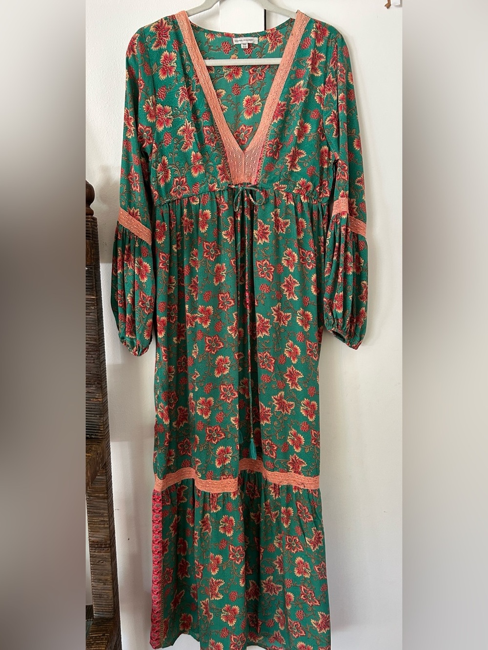 Green Floral Maxi Dress with Red and Cream Accents